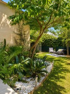 a garden with a tree and a bench in a yard at La Maison du Cerisier in Manosque