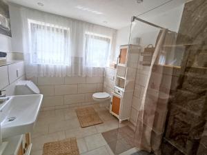 a bathroom with a shower and a toilet and a sink at EifelRuhe 5 - Platz für bis zu 8 Personen, Hunde willkommen in Schleiden