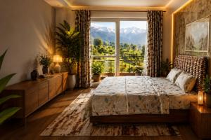 a bedroom with a bed and a large window at SAAR Palampur Villa 5 BHK With Dhauladhaar Mountains View in Pālampur +5 photos