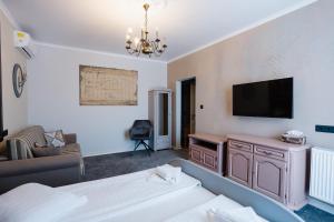 a living room with a bed and a tv at Vila Sibiu in Sibiu