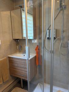 a bathroom with a shower and a sink at Reni's 4 Sterne Ferienwohnung in Leverkusen +33 photos
