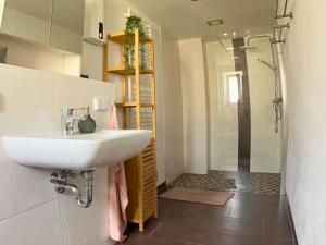 a bathroom with a white sink and a shower at Eifel Moments in Kall