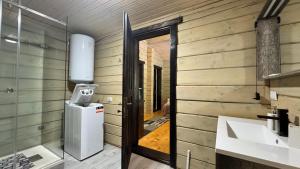 a bathroom with a sink and a refrigerator and a mirror at Hotel Berloga-Sinevir in Synevyrsʼka Polyana +121 photos