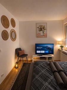 a bedroom with a bed and a flat screen tv at Modern Comfort Apartment with Balcony in Dresden