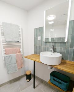 a bathroom with a sink and a mirror and towels at l'Orée du Bois in Saint-Brice