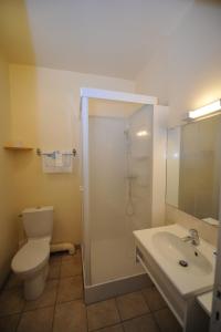 a bathroom with a shower and a toilet and a sink at Hôtel des Bateliers in La Malène