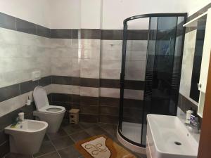 a bathroom with a shower and a toilet and a sink at Busulla Guest House in Shijak
