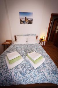a blue and white bed with two pillows on it at Gîte sur l'ancienne cave in Epfig