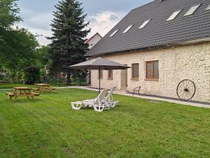 a lawn with two chairs and an umbrella and a picnic table at WINNICA 61 - Pokoje in Krotoszyce