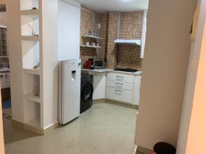a kitchen with a refrigerator and a washing machine at Appartement familial centre de Hydra in Hydra