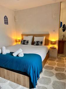a bedroom with a large bed with blue sheets and pillows at Les 4 Horizons in Romorantin