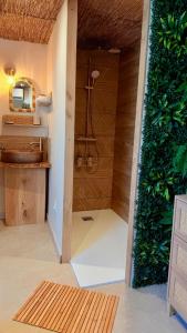 a bathroom with a green wall with a shower at Les 4 Horizons in Romorantin +74 photos