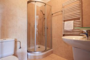a bathroom with a shower and a toilet and a sink at Dworek Opartowo in Rajgród +72 photos