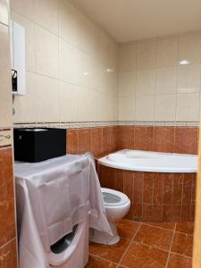 a bathroom with a tub and a toilet and a sink at Eva apartment in Ohrid +17 photos