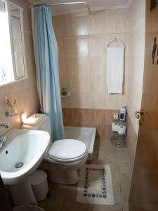 a bathroom with a white toilet and a sink at Elata Stone Retreat Traditional Village House in Chios +22 photos