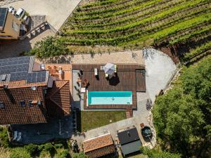 an overhead view of a house with a swimming pool and a vineyard at Ca Lovisotto in Prepotto