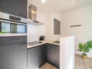 a kitchen with gray cabinets and a stove top oven at City Hideaway with Terrace in Antwerp in Antwerp