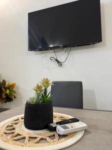 a table with a tv and a remote and a plant at Longhome in Pompei