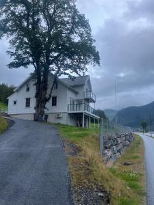 a white house with a tree on the side of a road at Jolster SPA apartments for 2 in Skei