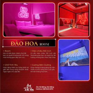 a collage of four pictures of a room with neon lights at Đào Hoa Love Hotel Đà Nẵng in Danang