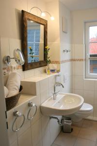 ein Badezimmer mit einem Waschbecken, einem Spiegel und einem WC in der Unterkunft Hotel Landhaus Garni in Fockbek