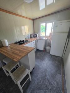 a small kitchen with a counter and a refrigerator at Mar y campo in Algarrobo-Costa