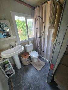 a bathroom with a toilet and a sink and a window at Mar y campo in Algarrobo-Costa
