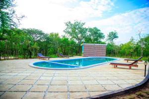 a swimming pool with two benches and two benches at FRAPG camp and lodge in Mikumi +38 photos