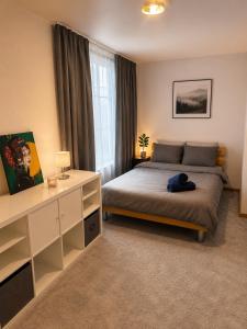 a bedroom with a bed and a desk and a window at Old-Town Studios Zürich in Zurich