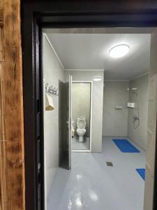 an open door to a bathroom with a toilet at Отдых у речки in Almaty +18 photos