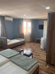 a room with two beds and a living room with blue walls at Guramishvili 7 in Kobuleti