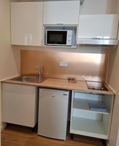 a small kitchen with a sink and a microwave at Studio de charme - Centre Vienne - Proche gare in Vienne