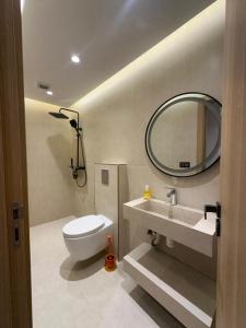 a bathroom with a toilet and a sink and a mirror at Igar Azougagh Immeuble DII in Al Hoceïma
