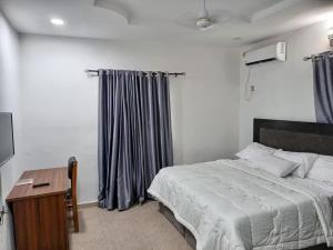 a bedroom with a bed and a desk and a television at Naira and Kobo Hotel in Umuahia