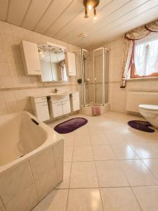 a large bathroom with a tub and a toilet at Ferienwohnung Grebe in Breidenbach