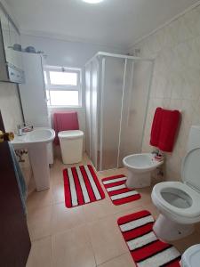 a bathroom with a shower and a toilet and a sink at Casa Vale Frio in Calheta