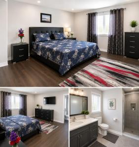 two pictures of a bedroom with a bed and a bathroom at Cozy Beautiful Home in Brampton