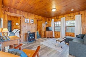 a living room with a couch and a tv in a cabin at Loon Lodge in Holderness