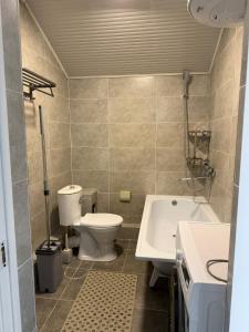 a bathroom with a toilet and a sink and a tub at Raduga West 19-9 in Koshkolʼ