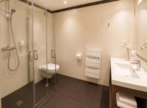 a bathroom with a toilet and a shower and a sink at Résidence Les Alizés Bordeaux Sud - La Brède in La Brede