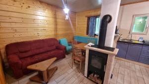 a living room with a couch and a fireplace at Chata U malého Janka in Bojnice +8 photos