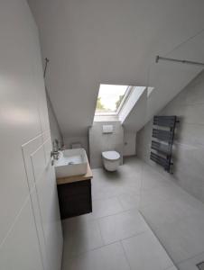 a bathroom with a toilet and a sink and a skylight at NEU - Nette kleine Unterkunft in Heide - Mit Gutscheinen für Bistro und Minigolf in Heide