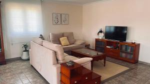 a living room with a couch and a tv at LA BUGANVILLA in Gijón