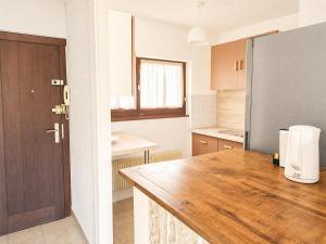 a kitchen with a wooden counter and a refrigerator at Urban Nest Geneva Tramway in Gaillard