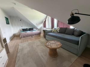 ein Wohnzimmer mit Sofa und Tisch in der Unterkunft Skrablas Boutique Hotel in Rucava