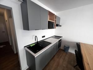a white kitchen with a sink and a microwave at Studi'eau2 in Ostend