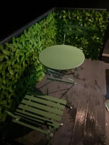 a table and a chair in front of a plant at LWS Apartments in Dej