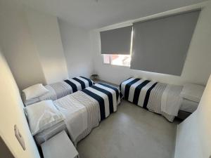 two beds in a small room with a window at Austral Premium in Comodoro Rivadavia