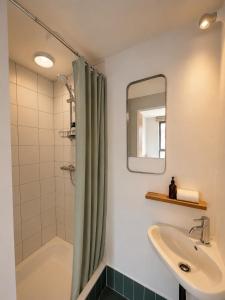 a bathroom with a shower curtain and a sink at Maison Bruxelles in Brussels