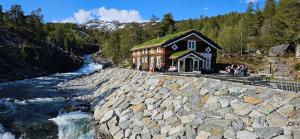 a building with a green roof next to a river at Billingen Seterpensjonat in Skjåk
